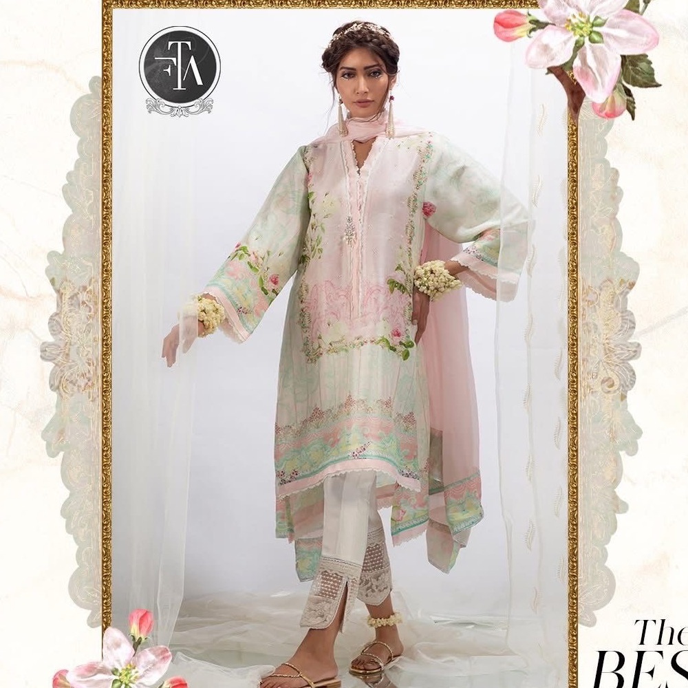 Farah Talib Aziz Floral Raw Silk 2-Piece Shirt and Dupatta Size Small